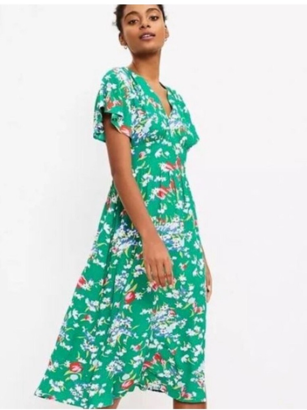 LOFT Green Floral V-Neck Midi Dress with Flutter Sleeves